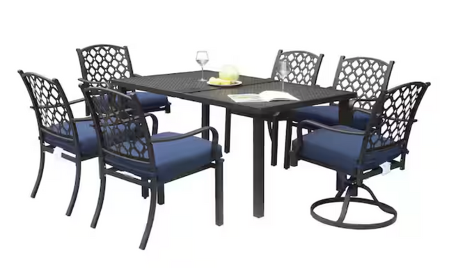 HAMPTON BAY 7-Piece Metal Outdoor Dining Set with Navy Blue Cushions