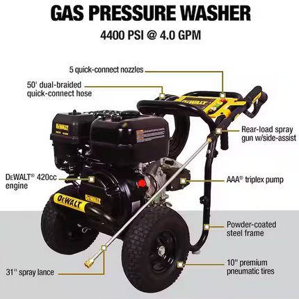 DEWALT 4400 PSI 4.0 GPM Gas Pressure Washer with 420cc Engine, Triplex Pump, Commercial Cold Water Power Washer