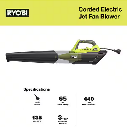 RYOBI 135 MPH 440 CFM 8 Amp Corded Electric Jet Fan Leaf Blower