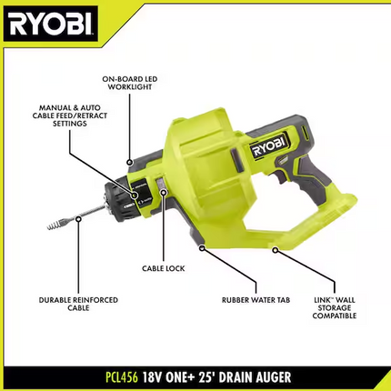 RYOBI ONE+ 18V Cordless Drain Auger with 25 ft Cable, LED Light, Auto Feed/Retract, Cable Lock, Enclosed Drum (Tool Only)