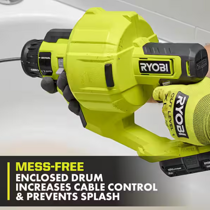 RYOBI ONE+ 18V Cordless Drain Auger with 25 ft Cable, LED Light, Auto Feed/Retract, Cable Lock, Enclosed Drum (Tool Only)