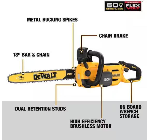 DEWALT FLEXVOLT 60-Volt MAX 18 in. Brushless Cordless Battery Powered Chainsaw (Tool Only)