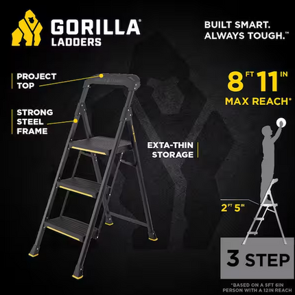 GORILLA LADDERS, 3-Step Pro-Grade Steel Step Stool, 300 lbs. Load Capacity Type IA Duty Rating (9ft. Reach Height)