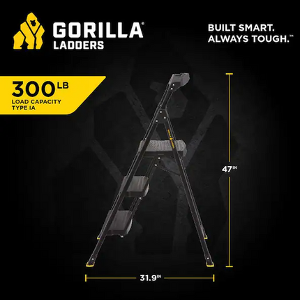 GORILLA LADDERS, 3-Step Pro-Grade Steel Step Stool, 300 lbs. Load Capacity Type IA Duty Rating (9ft. Reach Height)