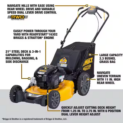 DEWALT 21 in. 163cc Briggs and Stratton 725Exi Engine Rear Wheel Drive 3-in-1 Gas Self Propelled Walk Behind Lawn Mower